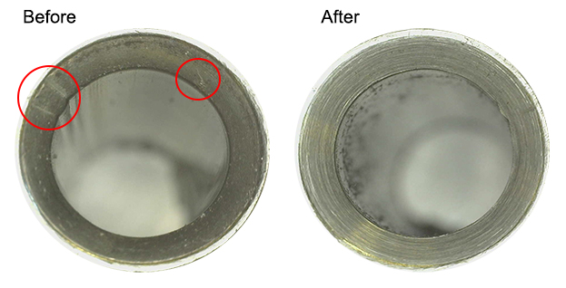A before and after image of flared tubing